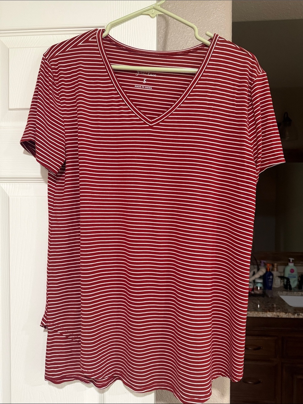 Grace & Lace Red and White Striped V-Neck Tee